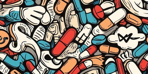 Vibrant graffiti art depicting various colorful capsules and medication with a playful, abstract style, illustrating a unique urban aesthetic.