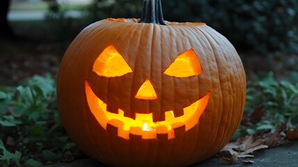 Fototapeta premium Scary jack-o'-lantern with a wicked smile, hollow eyes glowing bright orange.