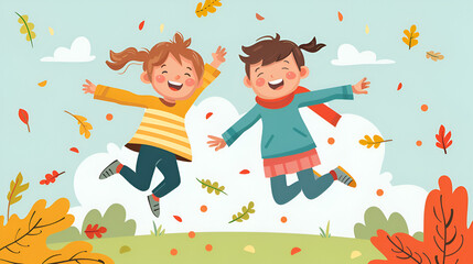 Two kids a girl and a boy jumping in the park flat illustration