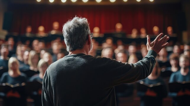 A conductor directing a choir during a rehearsal, emphasizing precision and harmony in music