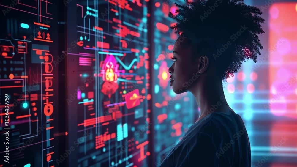 Poster A woman stands in front of vibrant digital displays filled with flowing data and graphics, reflecting curiosity and contemplation in a high-tech atmosphere.