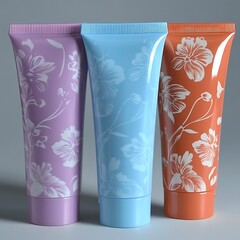 Fototapeta premium Three Floral Patterned Cosmetic Tubes.