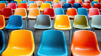 Naklejka premium A high-angle shot of plastic chairs in a stadium, neatly organized in rows. The seats are brightly colored, waiting silently for the next wave of enthusiastic fans.