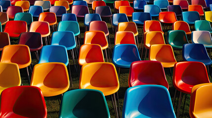 Fototapeta premium A high-angle shot of plastic chairs in a stadium, neatly organized in rows. The seats are brightly colored, waiting silently for the next wave of enthusiastic fans.