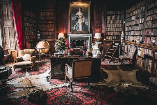Luxurious vintage library with antique furniture in Dunborin castle