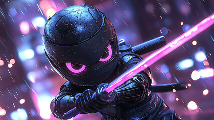 A stylized illustration of a small ninja in a black suit with pink glowing eyes, wielding a pink glowing sword in a cyberpunk style setting with a blurred cityscape behind.
