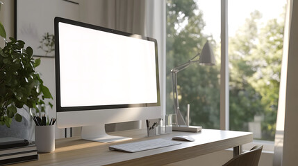 Fototapeta premium A white desktop computer with a blank screen sits on a desk in a home office.