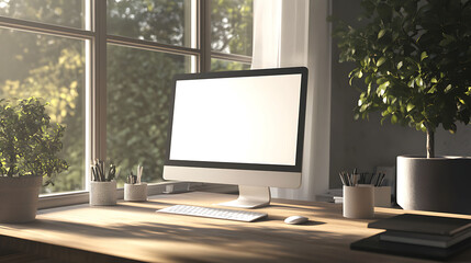 Fototapeta premium A modern computer with a blank screen sits on a desk in front of a window with a view of a garden.