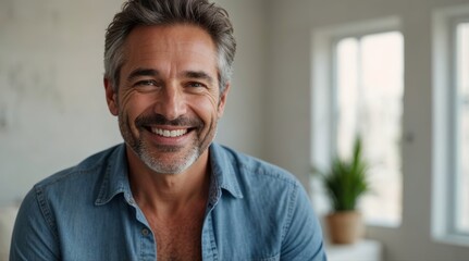 Obraz premium Handsome happy middle age senior man standing and smiling in bright living room indoor with a confident smile showing teeth