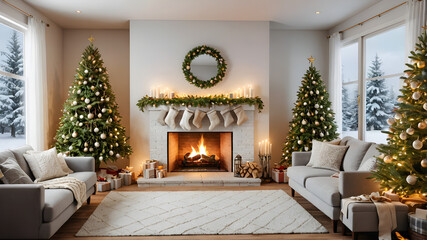 Cozy Winter Wonderland Embrace the Warmth of a Festive Living Room with Christmas Trees a Fireplace and Holiday Decor for Family Gatherings