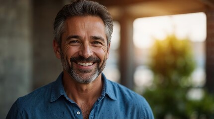 Handsome happy middle age senior man standing and smiling in bright living room indoor with a confident smile showing teeth