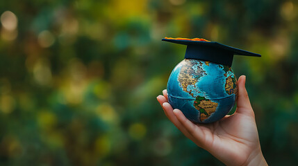 A hand holds a globe with a graduation cap on top, symbolizing global education and a bright future.