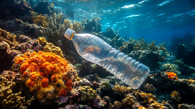 A plastic water bottle lays discarded on a vibrant coral reef, highlighting the harmful effects of pollution on marine life.