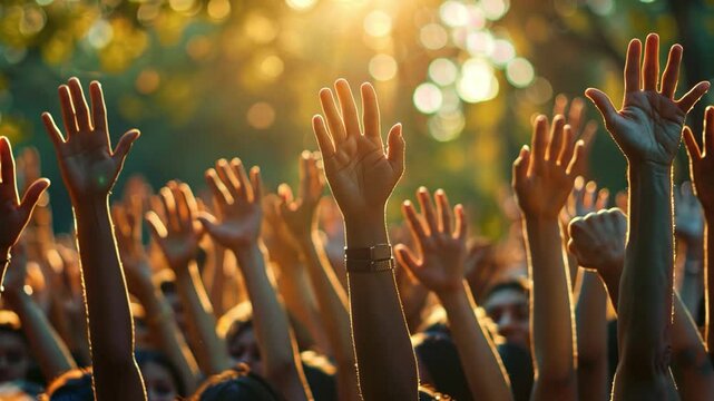 Amidst a vibrant outdoor event, a diverse crowd joyfully raises their hands as sunlight filters through trees, creating a warm, festive atmosphere of unity.