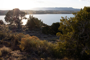 View of Abiquiu Lake, an Army Corps of Engineers reservoir in northern New Mexico, with pinyon and...