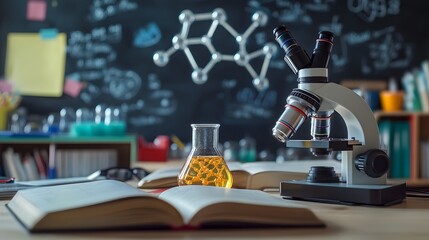 Naklejka premium Microscope, Flask, and Open Book on a Wooden Desk