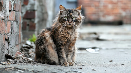 A homeless, dirty cat with matted fur sits alone in an alley, eyes wide with hunger. The cold, urban backdrop emphasizes the cats desperate search for food and shelter.