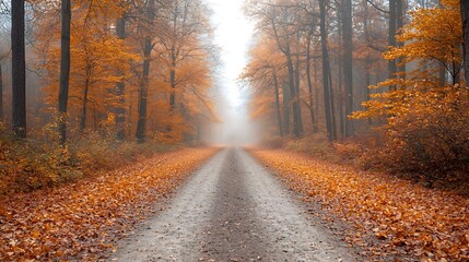 Obraz premium Serene autumn pathway through misty forest a tranquil journey amidst vibrant fall foliage and peaceful ambiance