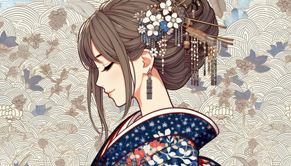 着物を着た美人画 イラスト	