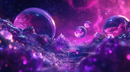 Fototapeta premium Surreal Cosmic Fantasy Landscape with Ethereal Celestial Spheres and Glowing Nebula