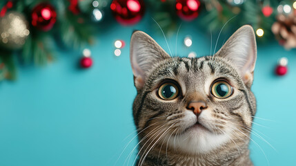 curious cat with large eyes gazes at camera, surrounded by festive decorations. vibrant background features Christmas ornaments and greenery, creating joyful holiday atmosphere
