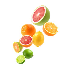 Variety of citrus fruit (green lime, lemon, orange, grpaefruit, pomelo, tangerine) isolated on white background.