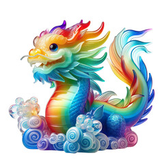 A glass sculpture of a beautiful chinese cute dragon, gradient of rainbow colors isolated on white background PNG