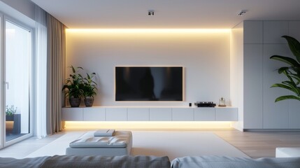 Minimalist media center, soft lighting