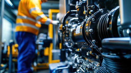 Obraz premium A close-up of a diesel engine being inspected by a technician, illustrating technology and engineering