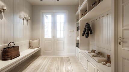 Minimalist mudroom, soft lighting