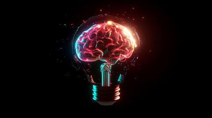 A glowing light bulb with a human brain inside, representing the concept of ideas, innovation, and creativity.
