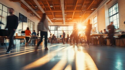 Group of Business people walking in the office corridor in night,People in business center walking at hall,motion go around at coworking space,Wide image,Concept of office life,co working space.