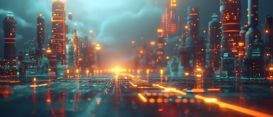 Fototapeta premium Futuristic illustration of city skyline at night.