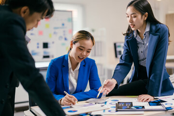 Team of asian businesspeople are discussing a project, analyzing statistics on charts and graphs, working together in the office