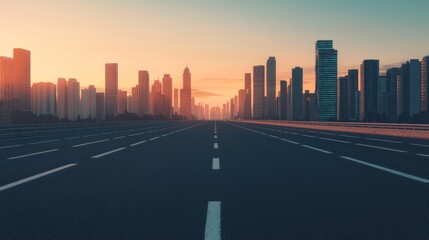 Fototapeta premium Urban Skyline at Sunset with Empty Roadway