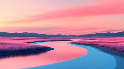 Fototapeta premium Serene Pink Sunset Over Tranquil River Landscape