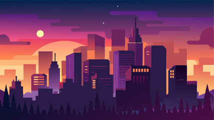 Fototapeta premium With the lights flickering on and the sky changing colors the city skyline at dusk is a picturesque reminder of the beauty of the urban landscape.