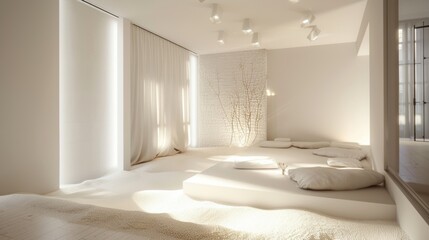 Minimalist relaxation area, soft lighting