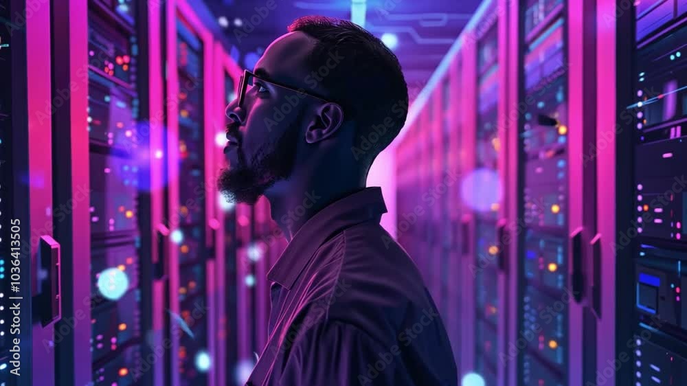 Poster The individual stands in a data center, surrounded by rows of server racks. Soft purple and blue lights create a high-tech atmosphere as he contemplates the technology around him.
