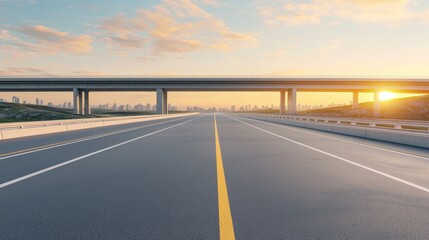 Fototapeta premium Sunset Over Open Highway with Urban Skyline View