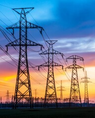 Power Lines Against Colorful Sunset Sky