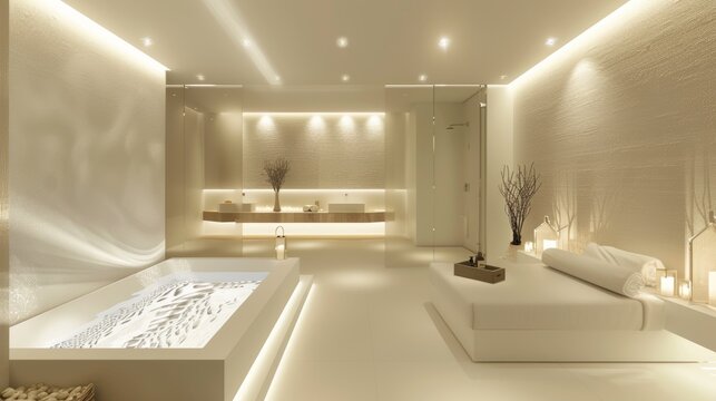 Minimalist spa area, soft lighting