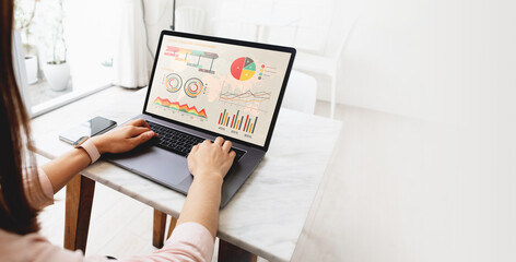 Businesswoman uses laptop to work on company growth analysis, statistics, graphs and pie charts. Financial analysis and business concept