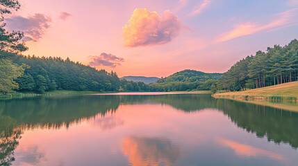 Fototapeta premium A pastel-colored landscape with a light pink sunset reflecting off a calm lake, surrounded by soft green trees and rolling hills --chaos