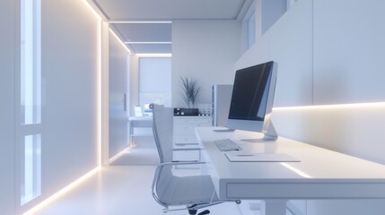 Minimalist tech area, soft lighting