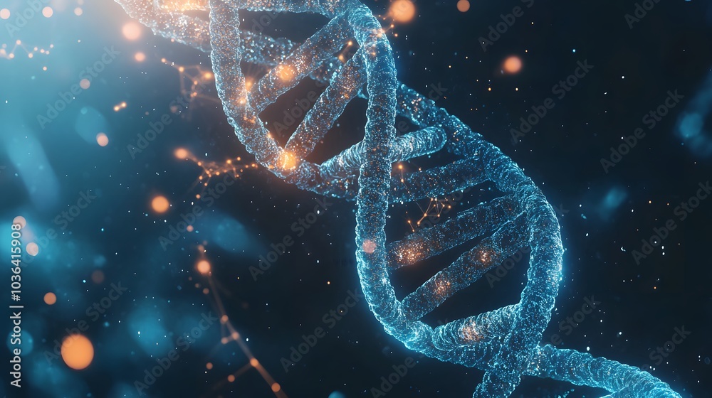 Wall mural abstract 3d representation of a dna double helix with glowing particles