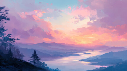 A pastel sunset over a mountain range, with soft pink, lavender, and light blue hues in the sky, creating a serene and magical landscape --chaos