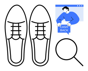 Pair of shoes, person holding a Cash Back sign on a web page, and magnifying glass. Ideal for e-commerce, fashion, online shopping, discounts, user interface design. Simplistic, clean, modern