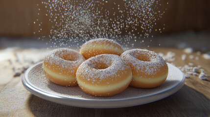 A plate of sugar-sprinkled donuts placed on a wooden table, surrounded by scattered sugar and crumbs, capturing the irresistible appeal of sweet treats --chaos