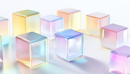 Obraz premium Abstract composition of colorful iridescent glass cubes on white background. Minimalist, modern, and artistic concept.